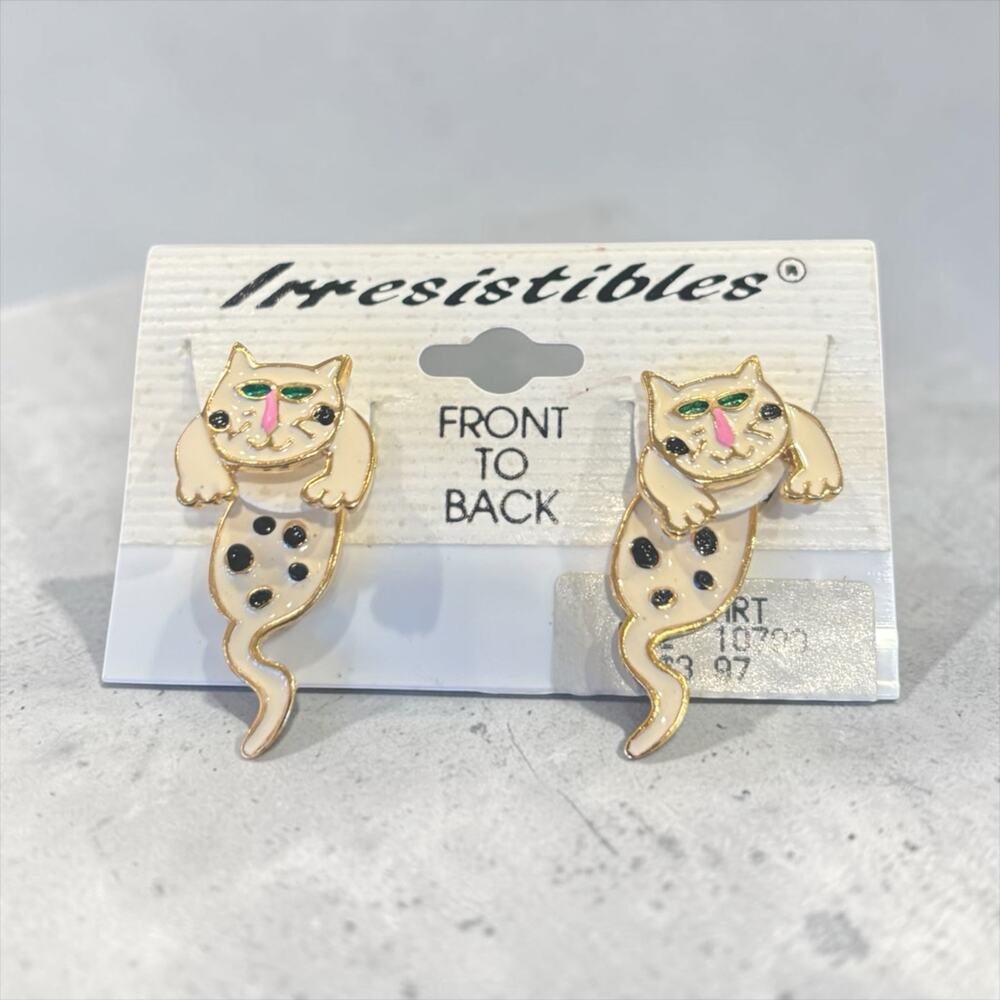 Vintage Cat Dangle Earrings Enamel Gold Tone Irresistibles NOS On Card 80s 90s